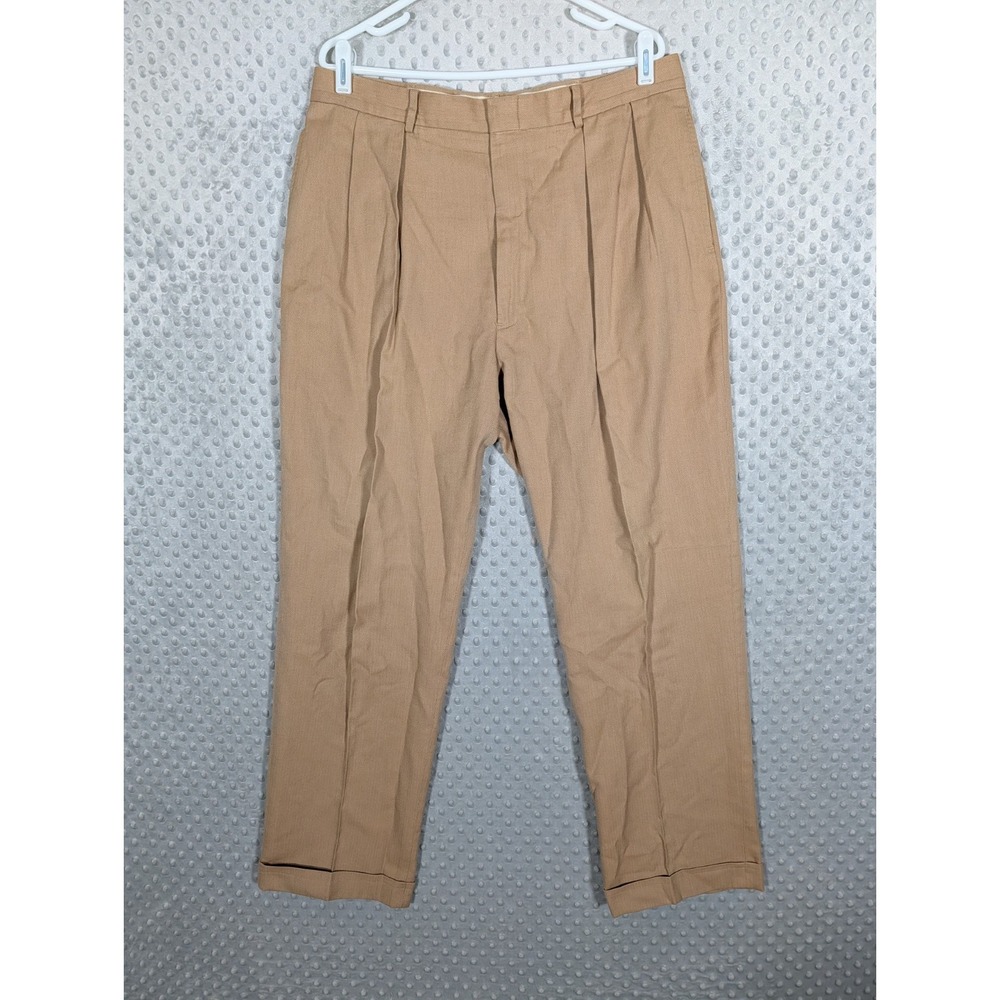 VTG Polo Ralph Lauren Pleated Herringbone Trouser Men 36x31* Beige Cotton Cuffed